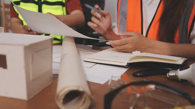 Architecture drawing on architectural project business architecture building construction Colleagues designer Planning Design on blueprint and compasses