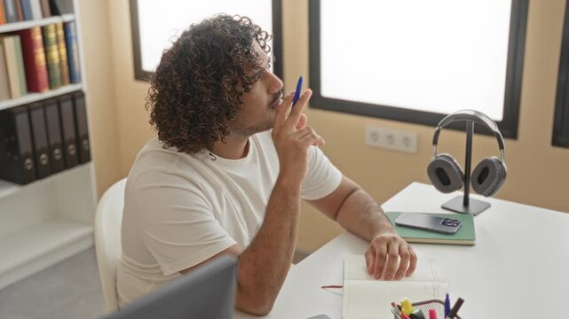 Man writing in notebook at desk in a library building, pen to lips thinking gesture; focused study and learning.