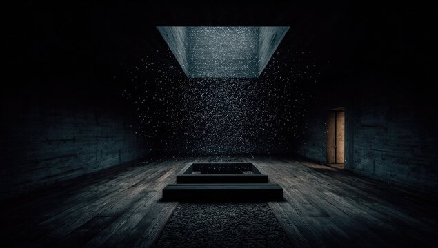 Dark, minimalist interior with light well and floating particles
