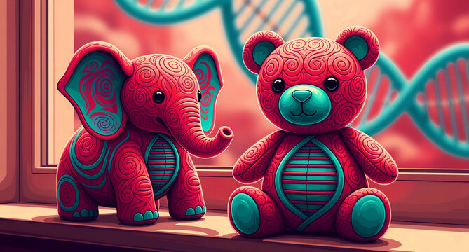 Stylized toy elephant and teddy bear with intricate spiral patterns sitting on a ledge. A glowing DNA double helix structure appears in the background. Genetic engineering and bioethics concept.