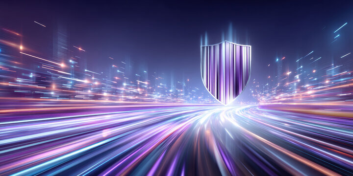 Cyber threat defense shield with glowing digital speed and secure protection