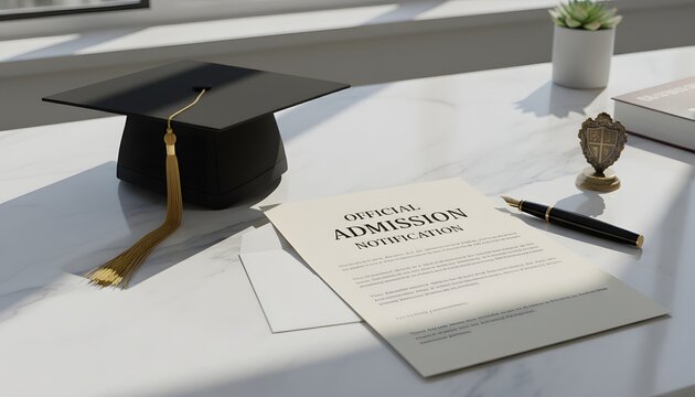 Graduation mortarboard cap and official college admission notification letter with fountain pen on marble desk for academic achievement and university enrollment concept
