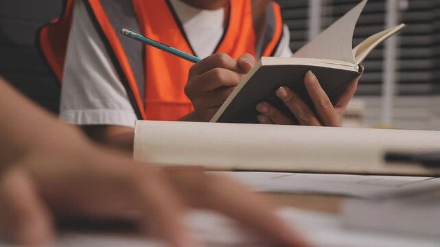 Architecture drawing on architectural project business architecture building construction Colleagues designer Planning Design on blueprint and compasses
