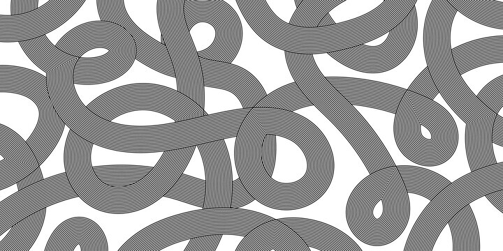 Abstract black and white tangled ribbons background. Minimalist graphic pattern for web design, posters and covers. Vector Illustration