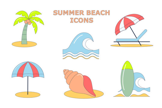 Summer beach icon set with palm tree, surfing board, sea shell, sun umbrella and ocean wave. Flat vacation symbols collection.