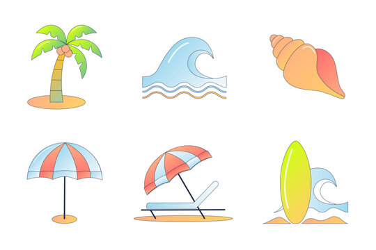 Summer Beach Gradient Icons Set Vacation, Sea, Travel, Tropical Line Color Vector Icons