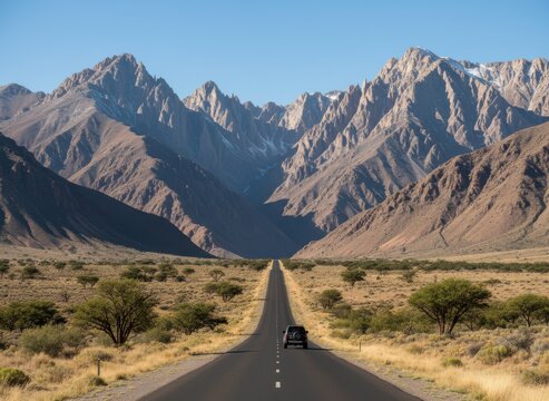 A black suv driving on a long straight road toward rugged brown mountains