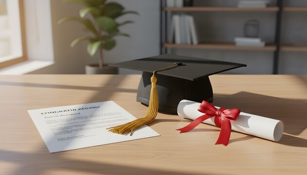 Horizontal image of successful graduation future showing a college admission acceptance letter with mortarboard and diploma for academic achievement concept on a desk