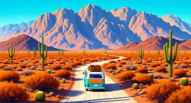 Vintage camper van driving on a winding desert road. Saguaro cacti and mountains line the path under a bright sky. Freedom and travel concept, perfect for road trip and adventure marketing.