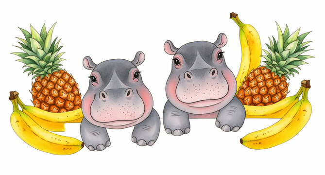 Two cute baby hippos peeking over a edge with tropical fruits. Hand-drawn watercolor illustration features pineapples and bananas. Playful nursery art design, ideal for children's decor.