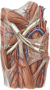Detailed anatomical illustration of muscles, arteries, veins and nerves in the shoulder and axillary region, educational medical diagram of human anatomy.