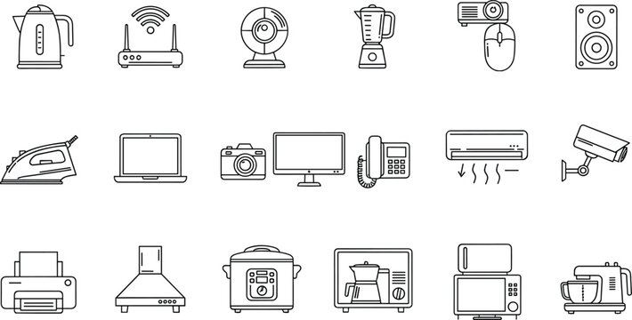 Home appliances and electronics line icons set vector illustration for household technology kitchen devices and smart home design