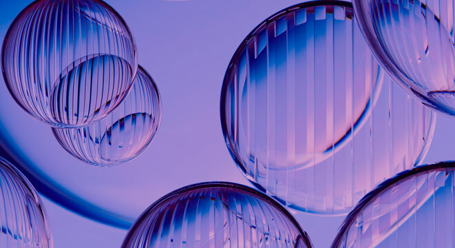 Abstract 3D Multiple Ribbed Glass Spheres Floating on Purple Blue Lavender Background, Glossy Striped Crystal Orbs Collection, Futuristic Digital Art