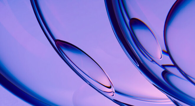 Abstract 3D Glass Lens Eye Shapes on Purple Blue Lavender Background, Glossy Transparent Oval Forms with Iridescent Refraction, Futuristic Digital Art