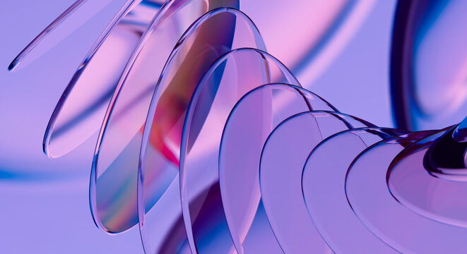 Abstract 3D Glass Petal Coil Spiral on Purple Pink Blue Background, Glossy Transparent Curved Discs Swirl, Futuristic Organic Digital Art