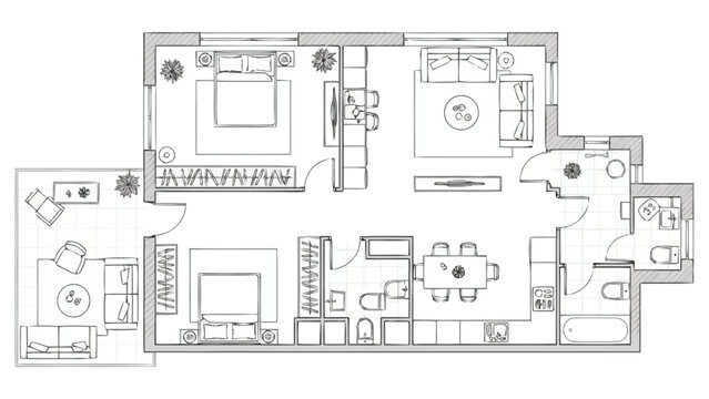 Detailed architectural floor plan presentation of a spacious two bedroom apartment layout with living areas kitchen and private balcony showing furniture placement and room dimensions for real