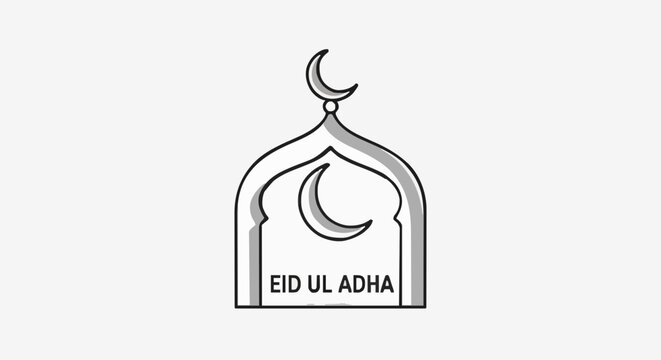 Abstract graphic design portraying the joyous celebration of Eid al-Adha, featuring a graceful crescent moon and a symbolic mosque dome in a clean, minimalist style