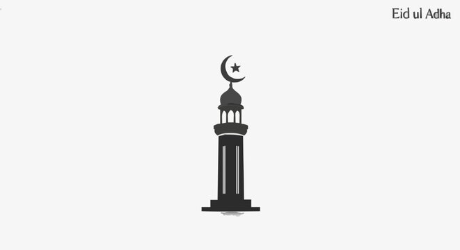 Elegant graphic illustration of a mosque minaret with a crescent and star, signifying a spiritual observance and the joyous spirit of a significant religious holiday
