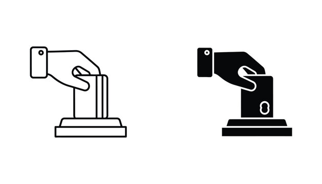 Hand inserting card into reader icon set featuring line art and solid black silhouette for contactless payment and security access control system graphics