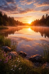 Naklejka premium Stunning sunrise over a calm forest lake with morning mist. Beautiful nature landscape with sun rays, pine trees reflection, and wild flowers on the shore. Serene summer morning concept