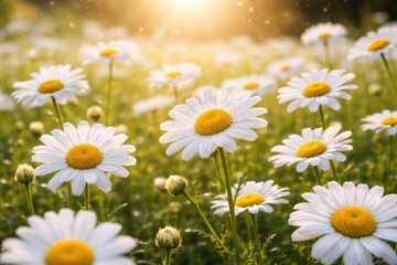 Fototapeta premium Field of blooming daisy flowers in the sunset light. Beautiful chamomile meadow with dew drops and golden hour sunlight, soft focus nature photography