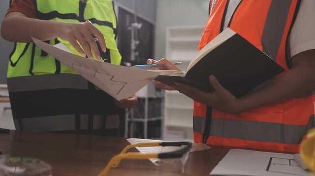 Architecture drawing on architectural project business architecture building construction Colleagues designer Planning Design on blueprint and compasses
