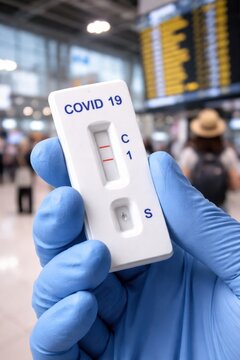 Positive COVID-19 rapid antigen test result held by a hand in a medical glove. Close-up of a coronavirus self-test in a blurry airport or public transport terminal background