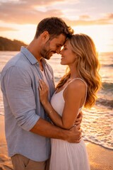 Fototapeta premium Romantic young couple embracing on a tropical beach at sunset. Close-up portrait of man and woman in love during summer vacation with golden sea waves in the background.