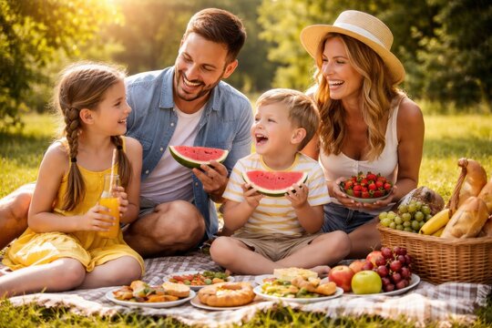 Happy young family having a picnic in a sunny park. Parents and children laughing and eating watermelon and fruits on a blanket in nature. Summer vacation and togetherness concept.