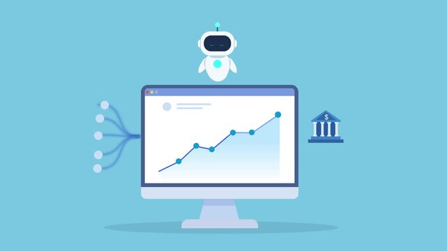 Animation of AI analytics dashboard showing growth chart on monitor with floating robot assistant, representing data analysis, automation, and business insights in a clean modern style.
