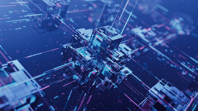 Big data technology data science analysis artificial intelligence generative ai deep learning machine learning algorithm neural flow network analytics innovation abstract futuristic. 3d rendering.