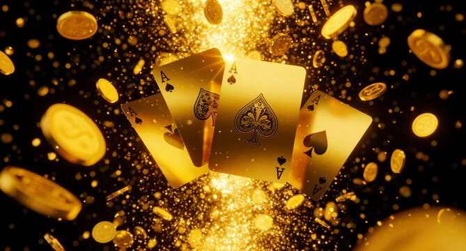 Four golden ace of spades cards floating among falling gold coins. Luxurious casino elements set against a dark background. Jackpot concept for premium gaming and betting marketing campaigns.