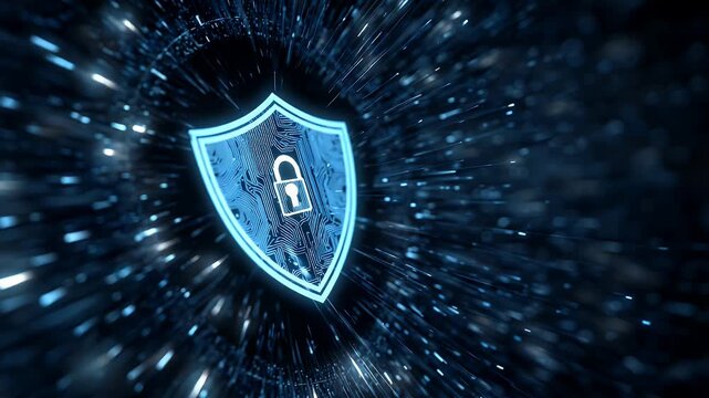 Digital shield icon with padlock representing cybersecurity protection in cyberspace with data streams moving through abstract server environment for network safety and information privacy.