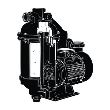 Cutaway illustration of electric water pump with motor and internal filtration system.