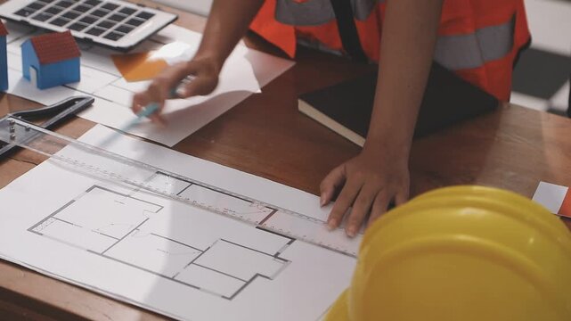 Architecture drawing on architectural project business architecture building construction Colleagues designer Planning Design on blueprint and compasses