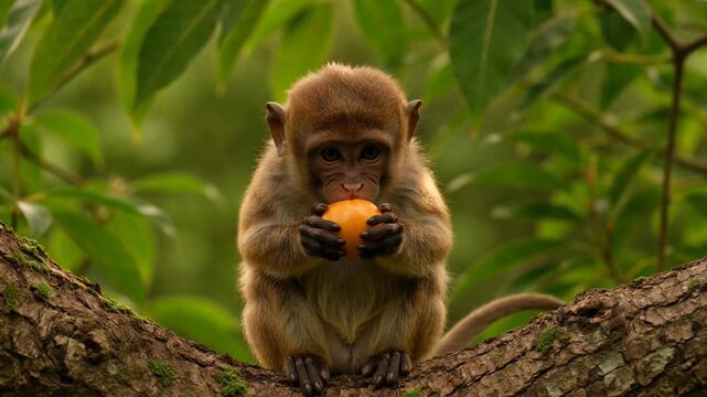 Adorable monkey sitting on a green branch holding a small orange