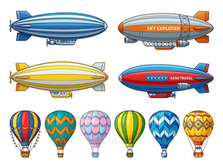 Collection of Colorful Cartoon Airships, Dirigibles, and Hot Air Balloons Isolated on White Background - Vector Illustration for Travel and Adventure Designs © Zarya