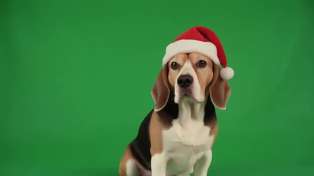 Adorable Beagle Dog Wearing Santa Hat on Green Screen Background.