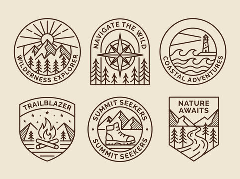 Set of 6 Vintage Outdoor Adventure Badges and Minimalist Nature Logos - Vector Line Art Emblems for Hiking, Camping, Wilderness Exploration, and Mountain Climbing