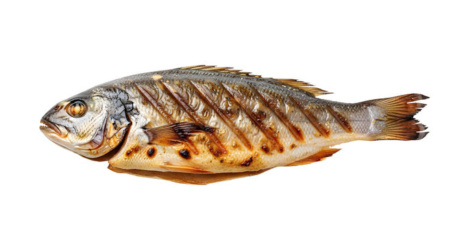 grilled whole fish with golden brown skin and char marks isolated on white background
