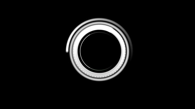 A black background with a circular, swirling, metallic graphic in the center.