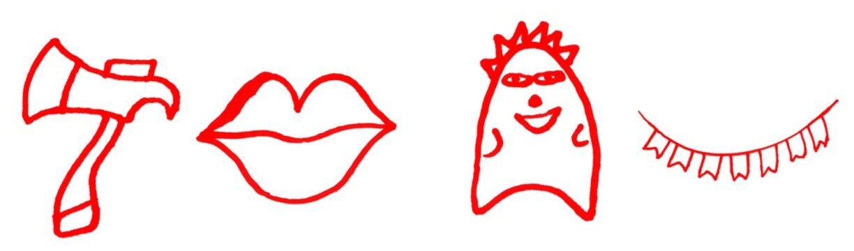 Red Doodle Shapes and Icons Set Artistic Hand Drawn Sketch Collection Isolated on Transparent Background.