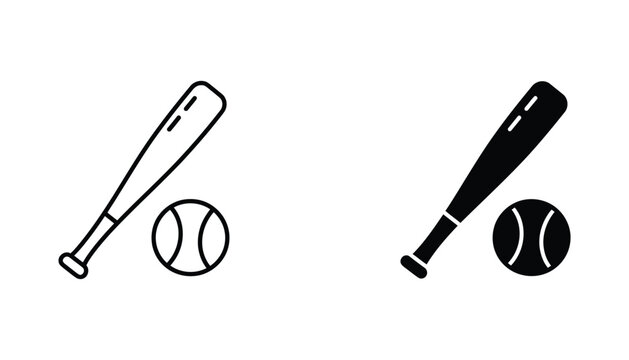 Baseball bat and ball icon set in minimal black line and solid style for sports design elements and athletic branding