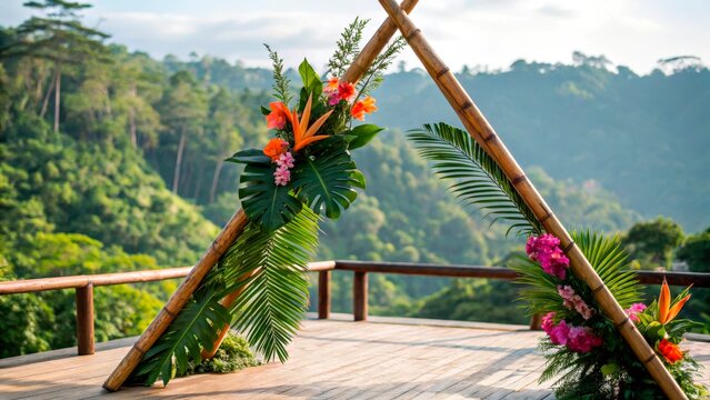 Beautiful bamboo arch with flowers in a forest setting during daylight hours