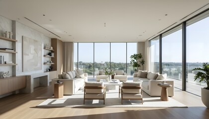 Fototapeta premium Horizontal photography of residential apartment showcasing luxury real estate presentation concept for modern interior design and upscale living lifestyle
