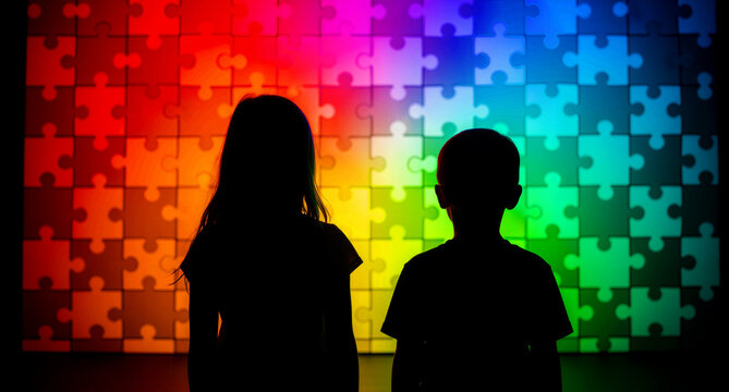 Silhouette of a boy and girl standing before a vibrant glowing rainbow jigsaw puzzle wall. Children viewing a colorful mosaic of pieces. Autism awareness concept ideal for educational campaigns.