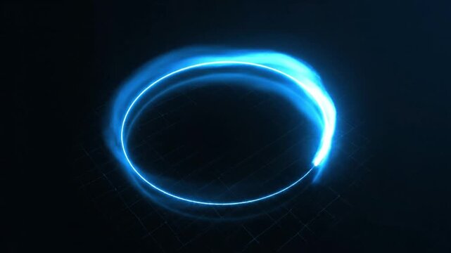 Futuristic 3D animation of a glowing blue neon light tracing a circular path on a dark digital grid background with motion blur effects.