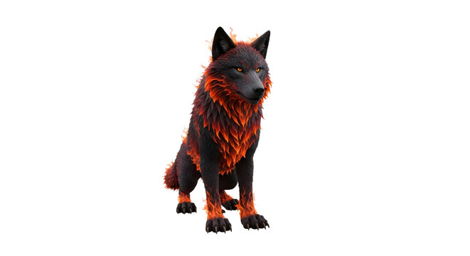black and fiery wolf standing alert with glowing red orange fur on white background