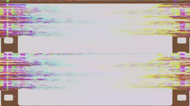 Abstract digital glitch art with film strip border and horizontal color distortion on a white background.