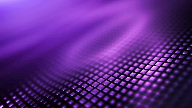 Purple grid surface of glowing cubes moving in a cinematic wave with shallow depth of field.